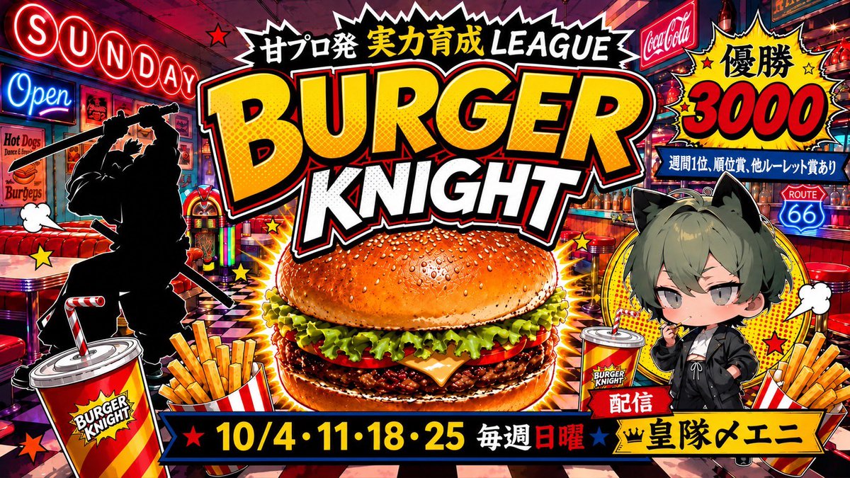 kiyopu_pu's tweet photo. ⚔️🍔BURGER KNIGHT🍔⚔️
 ～Order15～

🥐┇4.11.18.25日 毎週日曜
🍄┋22:00～3戦
🩰┋デュオ
🍏┋RT、配信引用RT
🥞┋皇隊〆エニ

協賛500円

「強い人たちの中はちょっとこわい」
「でも戦いたい。勝ちたい。」

「モブにちょっと毛が生えた」位の方と、頼れる強者のタッグで挑むデュオ
 #育成デュオ https://t.co/qOUs1YuGCL
