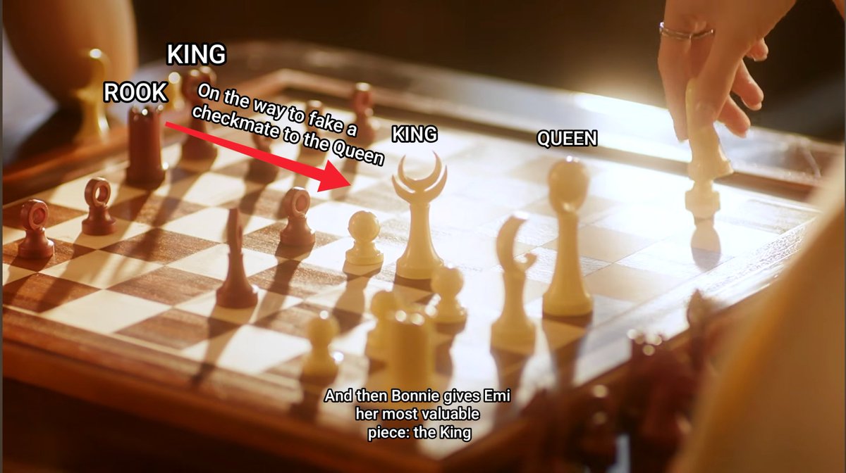 SundazeQG's tweet photo. BONNIE YOUR ONE MV OUT NOW
#BonniePattraphusYourOneMV 
#EmiBonnie 

So Bonnie faked a Queen's check (fake because both the King and the Queen could have captured the Rook from that square, so it wouldn't have been checkmate anyway), and then Bonnie gives Emi her most valuable piece: the King. When it comes to Key and Chan, handing over the King is the ultimate gesture of surrender. In chess, it’s how a player admits defeat before checkmate even lands, but in their romantic context, that surrender completely flips its meaning. It isn't a defeat at all; it’s the highest form of trust and devotion.

By faking that initial attack on the Queen with her Rook, Key proves she isn't forced into a corner or running out of moves. She has total control of the board, yet she actively chooses to stop playing the game. In chess, the King is the one piece with infinite value, the whole reason the board exists in the first place. Giving her King to Chan is Key’s way of laying down her arms and saying, “My game is over because my most valuable piece belongs to you now.”

It creates this incredible, poetic irony with the lyrics of Your One. While the song talks about making the other person surrender to love, Key turns around and becomes the first one to yield. She goes from being the Black Rook, the indestructible fortress guarding the perimeter, to making herself completely vulnerable by handing over her heart. It stops being a tactical battle for control and becomes the exact moment the match ends and real love begins. Kudos to whoever came up with this concept. For real! It's simply amazing! 👏♟️