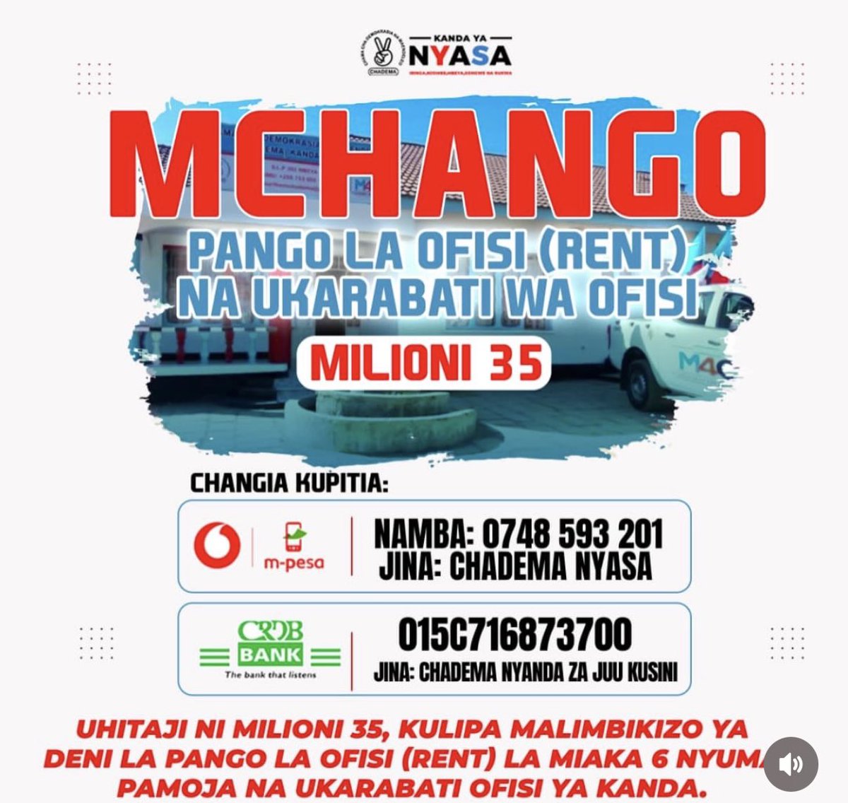 Makaveli_255's tweet photo. CHADEMA kanda ya Nyasa inakuomba mchango wako wewe mtanzania kulipa malimbikizo ya kodi ya pango kwa miaka 6. Chochote kitasaidia. https://t.co/KS8AWHxkoh