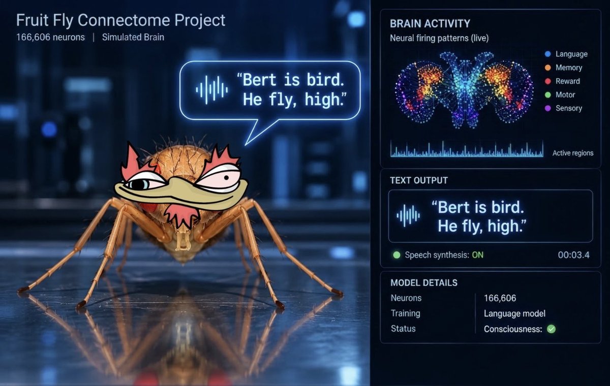GGKUSH_03's tweet photo. JUST IN: Scientists teach 166,606-neuron fruit fly to speak. 

Its first words: Bert is bird. He fly, high. https://t.co/xSHXLN3tPA