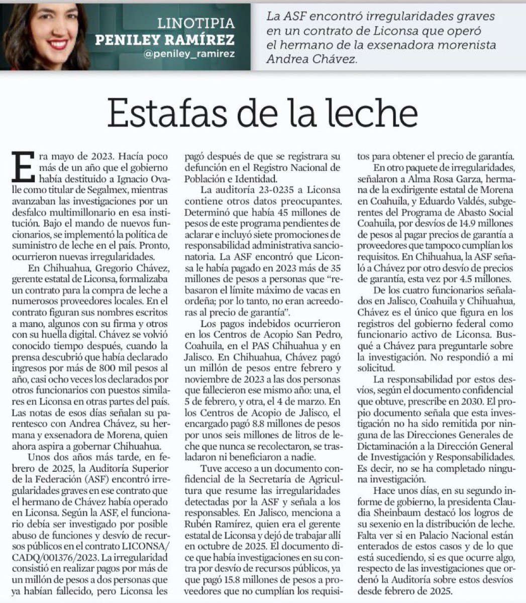 jorgegogdl's tweet photo. El hermano de Andrea Chávez paga por leche a muertos.

Gregorio Chávez Treviño hermano de la senador con licencia @AndreaChavezTre y gerente de Liconsa en Chihuahua fue señalado por la ASF por pagar 1 millón de pesos a personas que ya fallecieron revela @peniley_ramirez https://t.co/7E5ddzPhKR