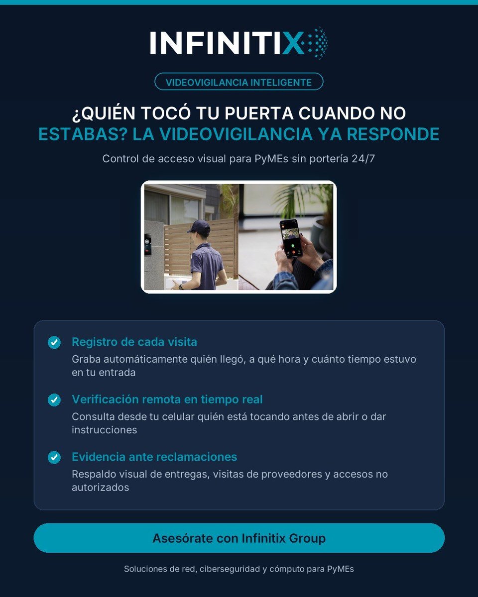 alvarobf's tweet photo. ¿Quién tocó tu puerta cuando no estabas? Las cámaras con notificación en tiempo real registran cada visita, te avisan al celular y guardan evidencia. Control de acceso visual sin portería 24/7. Infinitix Group te asesora. #VideovigilanciaInteligente https://t.co/yZUs7VLrH8