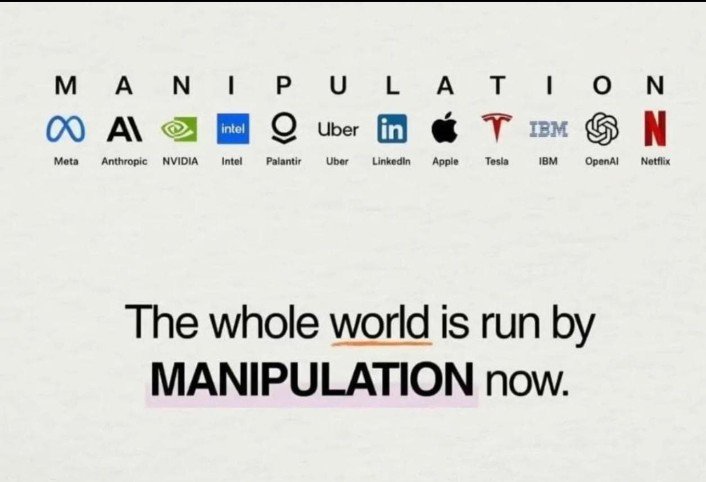 made_of_nothing's tweet photo. Full world controlled by below 

*MANIPULATION = 12 Big Tech Companies*

> The whole world is run by MANIPULATION now.

#TechTruth #Manipulation #AI #BigTech #TamilTech #Terrabit40 #Meta #OpenAI #NVIDIA https://t.co/jUppEjScfY