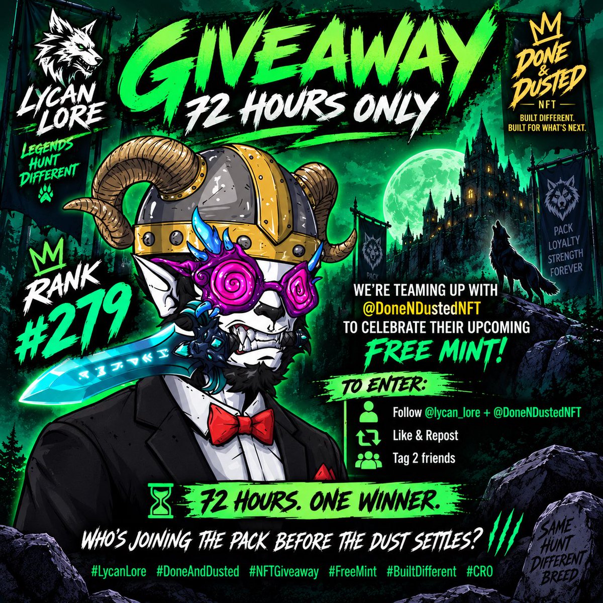 Lycan_Lore's tweet photo. 🐺🔥 72HR GIVEAWAY!

We teamed up with @DoneNDustedNFT for their upcoming FREE MINT! 💀

Win Lycan Lore Rank #279!

❤️ Follow @DoneNDustedNFT and @Lycan_Lore
 🔁 Like + Repost 👥 Tag 2 friends

#NFTGiveaway https://t.co/dl9N4b3Y0i