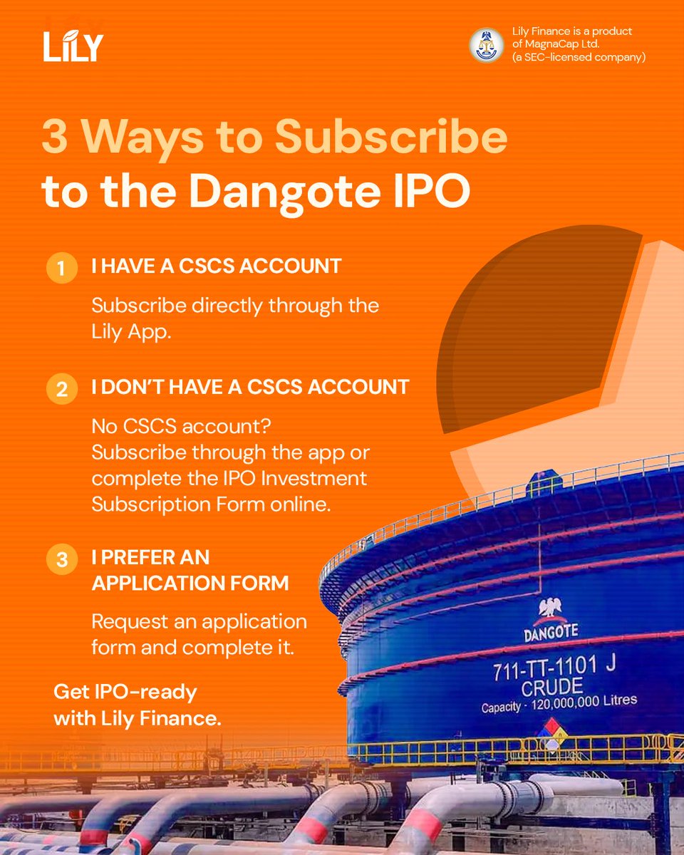 LilyFinanceHQ's tweet photo. The Dangote IPO is almost here.

Whether you already have a CSCS account or you’re starting from scratch, Lily Finance has a route for you.

The offer opens 14 September.

Get ready🚀 https://t.co/e9jw7VjZAg