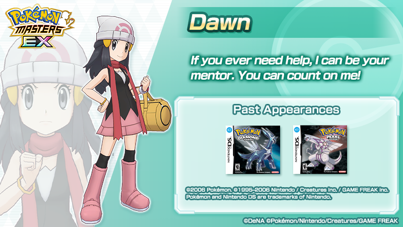 PokemonMasters's tweet photo. Let’s take a look at Dawn, one of the stars of Neo Champions: True Time and Space! 📝
 
 This friendly and upbeat Trainer packs quite a punch thanks to her travels in Sinnoh. Despite her skill as a Trainer, she can be a little scatterbrained at times.
 
 #PokemonMasters https://t.co/TAsuJVzGOk