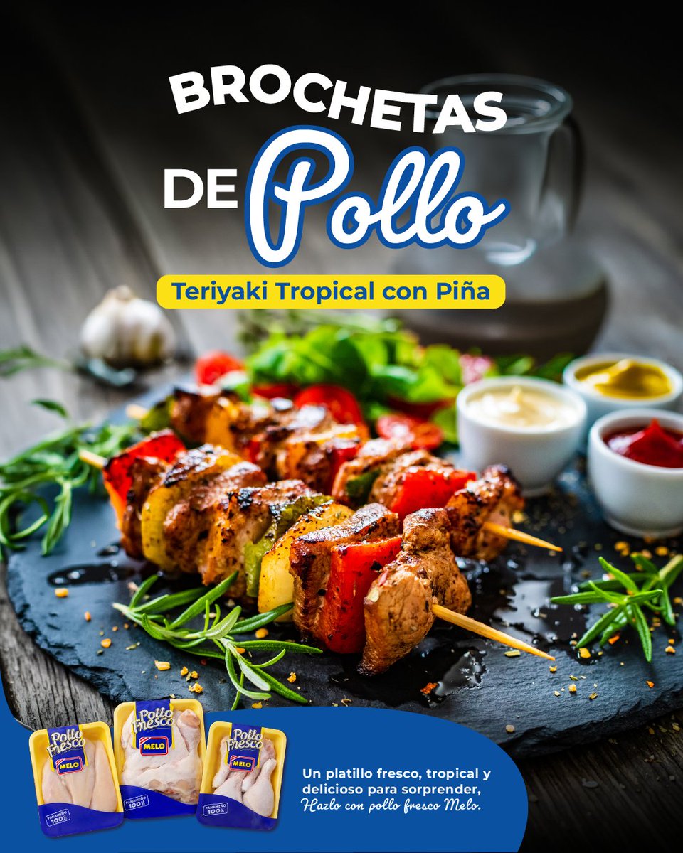 AlimentosMelo's tweet photo. 🍍🍗 Dale un toque tropical a tu Pollo Fresco Melo con unas brochetas teriyaki con piña: fáciles, jugosas y llenas de sabor. ✨

Prepáralas en casa y pide tus productos en https://t.co/NyTB3XeZES 

#AlimentosMelo #PolloFrescoMelo #SaborMelo https://t.co/rJQAryRLTH