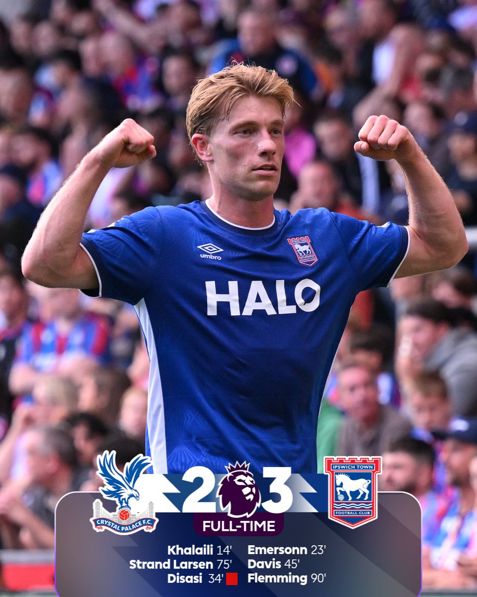 FCOneFootball's tweet photo. 🔚 FULLTIME
🔴 Crystal Palace 2-3 Ipswich Town 🔵
▪️ Ten-man Palace fight back via Khalaily and Strand Larsen, but a late Zian Flemming goal wins it for Ipswich.
#PremierLeague #CRYIPS https://t.co/njKDApevH4