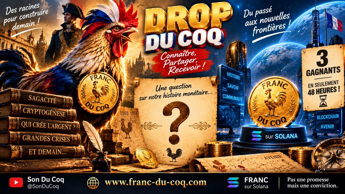 FrancDuCoq's tweet photo. 200 followers.

Petit jeu pour marquer le cap.

CONCOURS $FRANC — 48h

Pour participer :
1. Follow @FrancDuCoq
2. Repost ce post
3. Réponds en une phrase :
« Pourquoi une monnaie nationale ? »

3 gagnants tirés au sort parmis les réponses pour un  airdrop $FRANC
Résultat Lundi soir, règles du jeu dans le 1er commentaire.

👉 https://t.co/ihoakBxzQt

#FrancDuCoq #Franc #Solana #Airdrop
