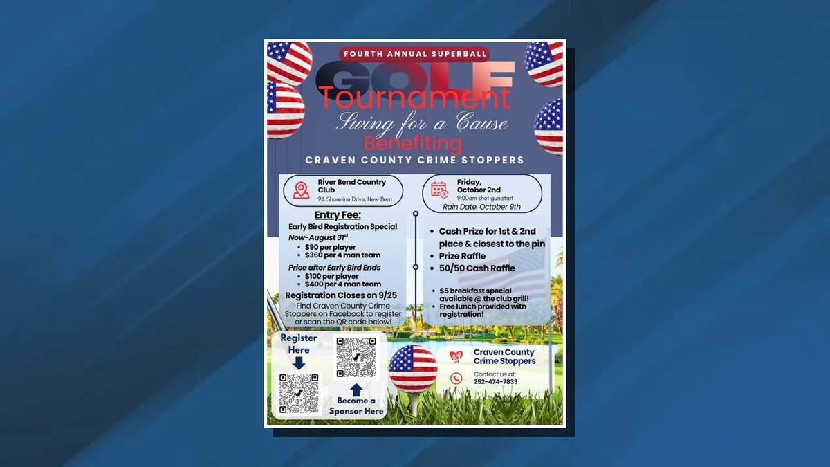 wcti12's tweet photo. ⛳ Craven County Crime Stoppers will host its fourth annual golf tournament Oct. 2 at River Bend Golf &amp; Country Club. Registration closes Sept. 25.

https://t.co/bbHkvEBhJG https://t.co/kJeHXqeNm9