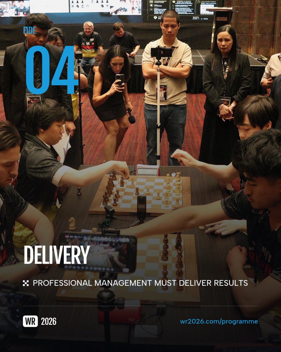 WR2026official's tweet photo. Behind every national federation are people who keep chess alive in their country. They organise tournaments, answer players, find funding, solve problems and often do far more than anyone sees.

But too much of their time is wasted. They try to find the right person, wait weeks for an answer and have the same question passed from one person to another. When nothing gets done, nobody seems to be responsible for the final result.

Everyone talks about professional management. But unfortunately, federations do not always see it in practice. What is needed is simple: qualified people in the right positions, clear responsibilities, measurable objectives and work that is actually completed.

This is what the WR 2026 programme proposes.

If you work with a federation, tell us honestly: what wastes most of your time today?