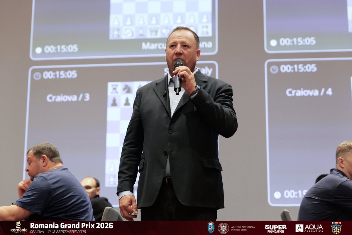 FrsahRo's tweet photo. ♟️ Craiova Grand Prix Rapid 2026 is underway!

304 players from 15 countries, 12 GMs &amp; 17 IMs.

The opening move was made by Deputy Mayor Cosmin-Ion Corâțu and Cristian Gheorghiță, Executive Manager Romania, Super Foundation.

€25,000 prize fund ♟️ https://t.co/TcRfMP0OBL