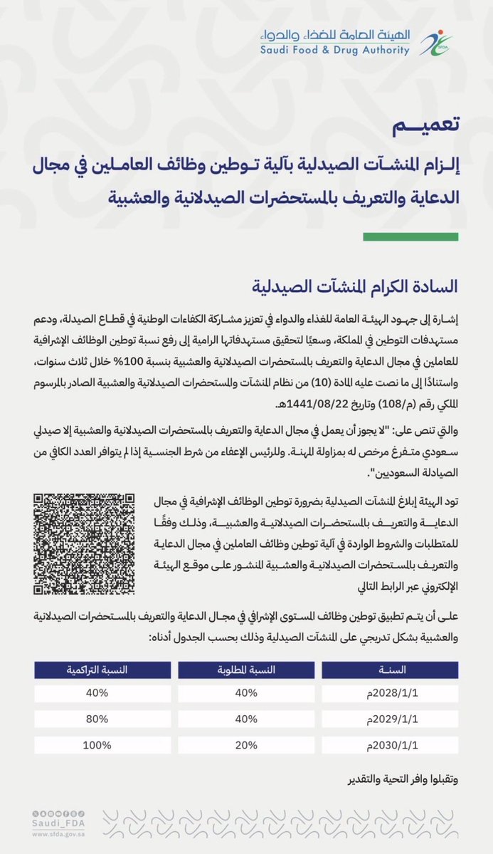 wx_105's tweet photo. خبر جميل لكل صيدلي سعودي 🇸🇦💊
توطين وظائف الدعاية والتعريف بالمستحضرات الصيدلانية والعشبية سيصل إلى 100% بحلول 2030.

خطوة مهمة تعزز حضور الصيادلة السعوديين في قطاع Pharmaceutical Industry &amp; Medical Promotion، وتفتح فرص أكبر للجيل القادم

كل الشكر والتقدير للهيئة على هذه الخطوة👏🏻 https://t.co/Ob1vfg4q2c