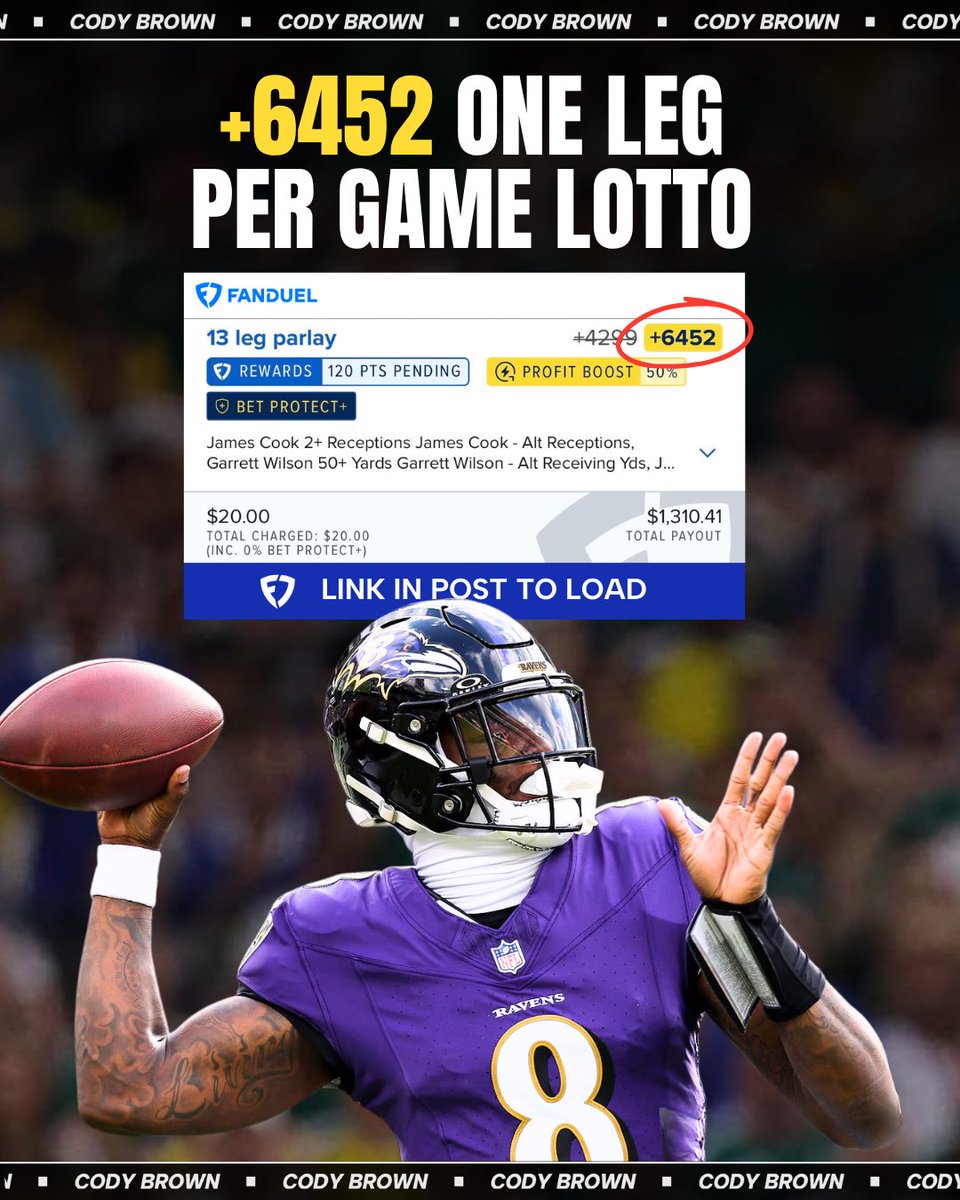 CodyBrownBets's tweet photo. 🏈 +6452 One Leg Per Game Lotto

We cashed one last year. Let’s do it again.

🔗 FanDuel bet link: https://t.co/5sVsT3QkqV

All 13 legs are in the tweet below. LFG!

21+, gamble responsibly. https://t.co/aNcxfyUdy0