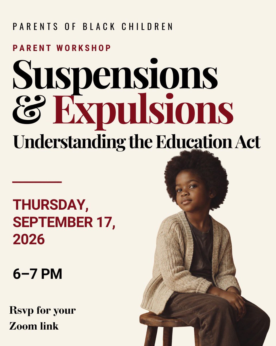 PoBCAdvocate's tweet photo. Your Child Has Rights. 

Join our free workshop to learn how to navigate suspensions, expulsions and unfair disciplinary decisions.

📅 September 17 | 6–7 PM
🔗 Register: https://t.co/AglHQTpX9Y https://t.co/B8xjTuxxdu