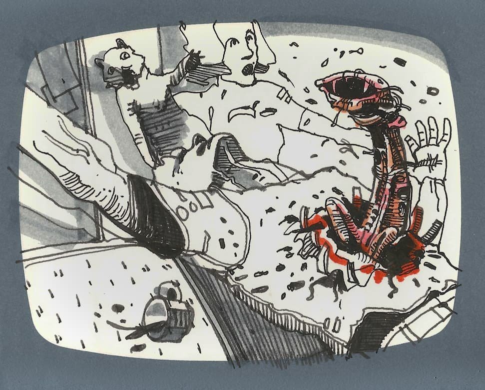 SciFiArchives's tweet photo. Ridley Scott’s hand-drawn storyboards for Alien (1979). The film’s visual language already existed on paper. https://t.co/rdOJorRyIs