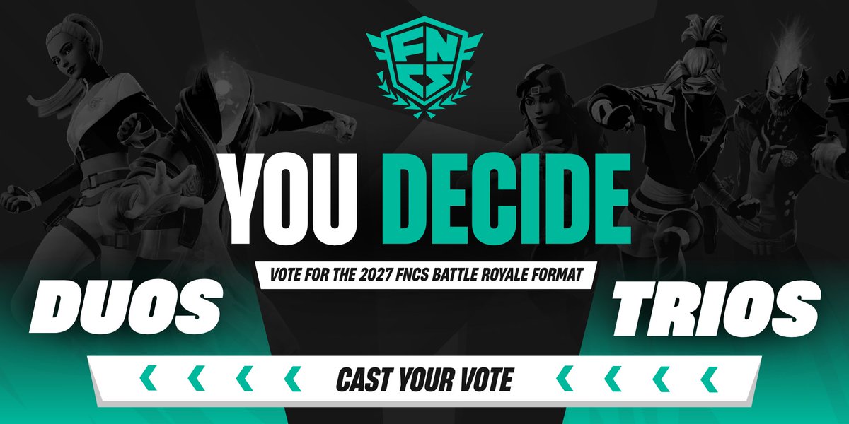 FNCompetitive's tweet photo. FNCS Battle Royale 2027.
Duos or Trios: you decide.

🌴 2325-4055-3398
Vote daily in Legends Landing starting now!
We will announce the results at the Fortnite Global Championship. https://t.co/l71AKdPI6a