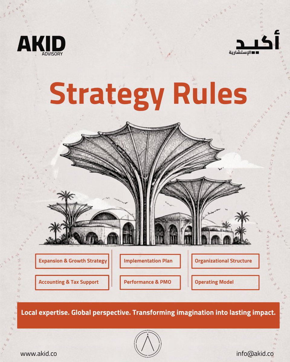 AKID_ADVISORY's tweet photo. STRATEGY RULES.

In a world of constant change, success belongs to those who know where they are going.

Strategy is more than a plan. It is the discipline to make bold choices, align resources, and turn ambition into measurable results.

At AKID Advisory, we help organisations navigate complexity, unlock growth, and build strategies that create lasting impact.

Because when the direction is clear, execution becomes powerful.

Strategy Rules.

AKID Advisory
Management Consulting & Strategic Advisory
🌐 https://t.co/S6dq2qycEP
✉️ info@akid.co

#AKID #AKIDADVISORY #StrategyRules #ManagementConsulting #BusinessStrategy #StrategicGrowth #OrganizationalTransformation #SaudiBusiness #Vision2030