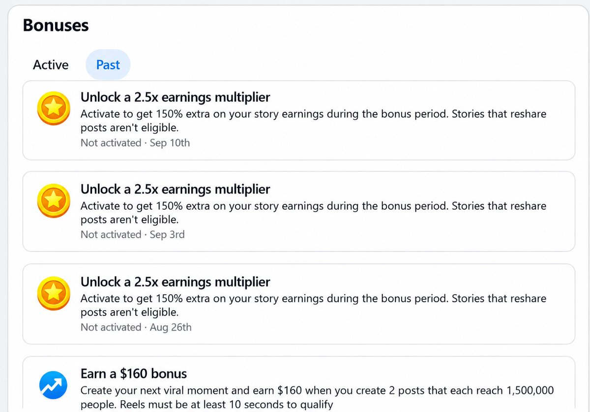 Facebook performance bonus 2.5x multiplier windows showing three unclaimed past bonuses
