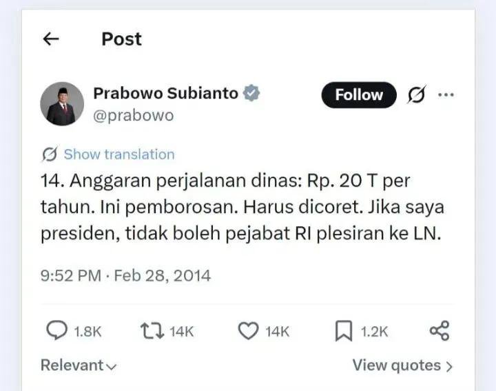 reylevant's tweet photo. 🚨  BREAKING‼️

Prabowo 58 kali ke Luar Negeri dalam 2 Tahun.
Habiskan Anggaran Rp1,1 Triliun.

Sangat berbanding terbalik dengan apa yang pernah beliau tulis. https://t.co/EKWAwkH4qo
