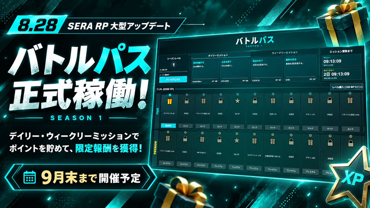 Serarp2026's tweet photo. 【📢 8/28 SERA RP 大型アップデート】
バトルパスが正式稼働❕
デイリー・ウィークリーミッションを達成してポイントを貯める事でバトルパスが進みさまざまなアイテムや限定報酬を獲得できます!
今回の開催期間は「9月末まで」を予定しています。 #SeraRP #FiveM #GTA5RP #FiveM募集 https://t.co/YzVsH2iDCI