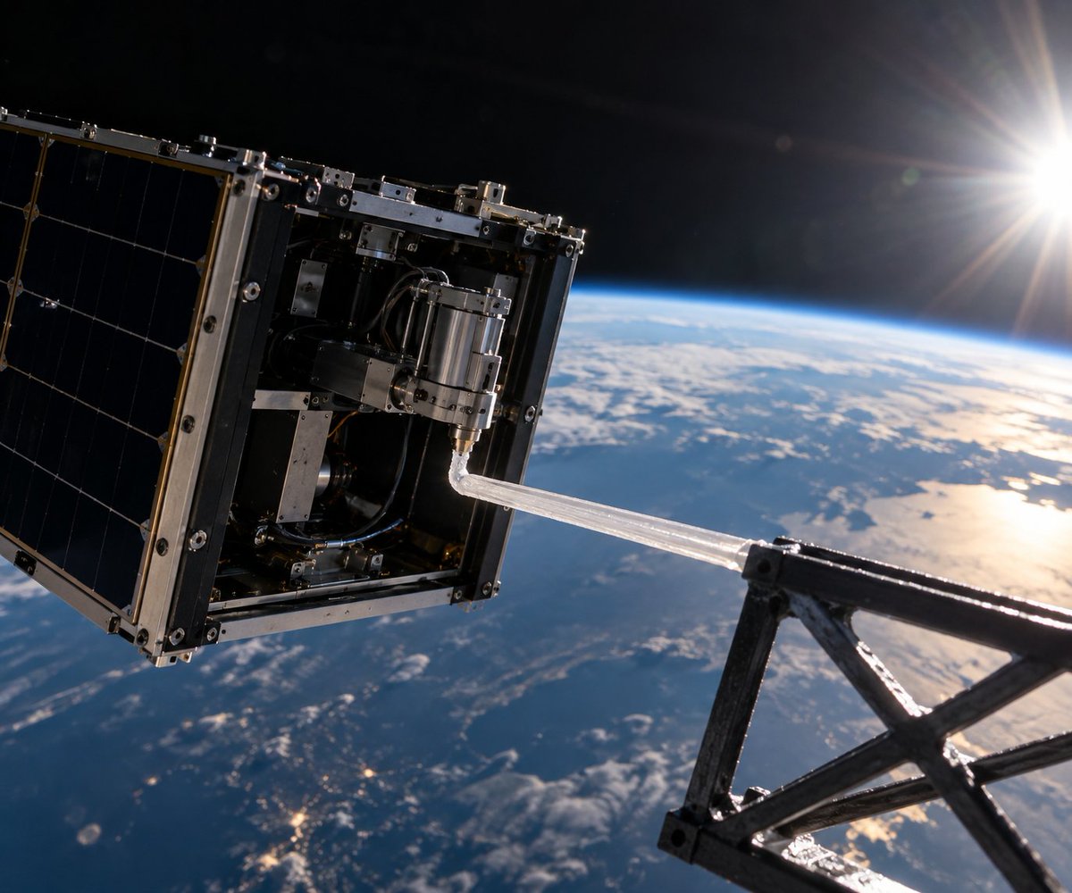outerspacetoday's tweet photo. JUST IN: A satellite carrying four 3D printers is set to resume manufacturing directly in the vacuum of space, with the next tests attempting to build meter-scale structures from orbit.

Orbital Matter’s Replicator 2 has completed its first extrusion in orbit and is including structures designed to deploy an antenna and unfold a solar array as they grow.

The technology uses a liquid polymer extruded in space and hardened by UV light. Orbital Matter ultimately wants to manufacture 100-meter+ structures supporting 100-kW solar arrays, with a follow-on mission targeting 3-meter beams and a 1-kW array before the end of 2027.

By around 2030, its roadmap extends to kilometer-scale solar arrays and radiators for massive infrastructure including orbital data centers and space stations.

For decades, spacecraft have been constrained by what engineers can fold inside a rocket fairing. The Orbital Matter concept aims to launch the machine that builds space infrastructure directly in space.