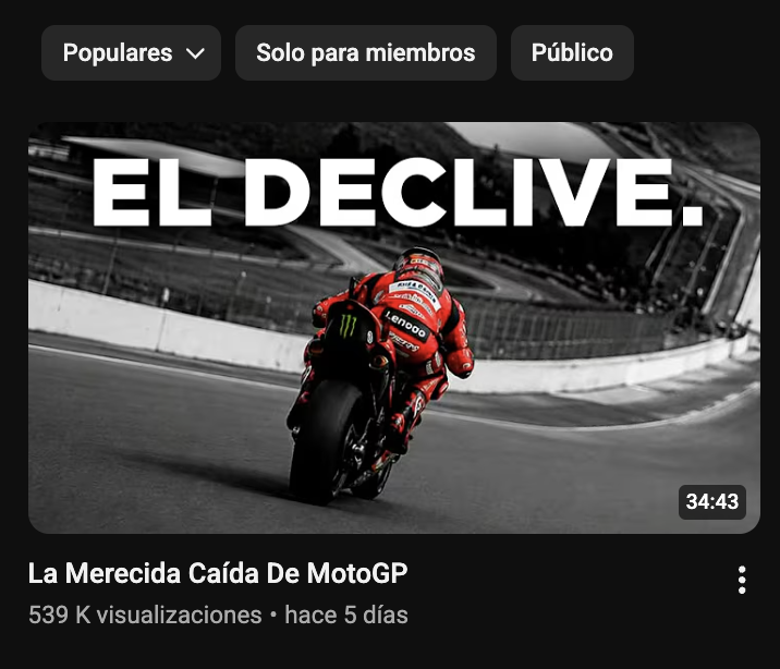 DG_Estrategia's tweet photo. En sólo 5 días hemos logrado que este vídeo de Nico Abad ya sea el vídeo con más visitas de todo el canal con +540k

Os cuento cómo lo hicimos:

Primero de todo, hay que entender el nicho.

Nico Abad es el líder indiscutible dentro del nicho de las MotoGP. Y una sensación que existe entre los fans de este deporte, es que la era dorada ya pasó.

Que en los 2000s todo el mundo veía carreras de Moto, pero que ahora ya no. Y que luego, los fans más acérrimos del deporte, están un poco más desencantados con la organización que maneja MotoGP.

Y por otro lado, algo que he observado en mi experiencia personal: siempre que hablas del estado de X (tipo el estado del baloncesto, el estado del marketing, el estado de YouTube...) en un canal que habla de X, suele funcionar.

A la gente le gusta escuchar perspectivas del creador sobre esa industria/disciplina, más cuando el momento más bueno ya pasó.

Esto es lo que logramos hacer con Nico Abad: poner el foco en el tema que ibamos a tratar.

Y luego, el resto de su equipo trabajó el guión: con un storytelling espectacular y muy buena investigación. La verdad es que son unos cracks

Ahora el objetivo es que sea evergreen y que el nuevo tráfico que sigamos metiendo al canal lleve el vídeo al millón de visitas
