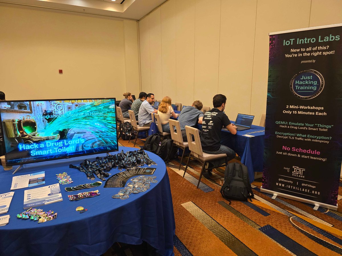 JustHackingHQ's tweet photo. We Are LIVE! Come do our 2 free mini-workshops in the @IoTvillage  at @BlueTeamCon . 3 additional #IoT #hacking labs by the Village as well. So much to hack, so little time! 😏

Laptops provided, so just sit and learn!

Available free at https://t.co/9yMol00bcl as well.

#IoTVillage #BlueTeamCon #JustHacking