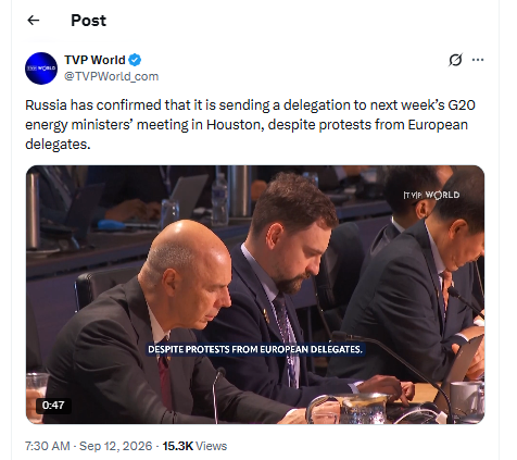 secretsqrl123's tweet photo. europe and others need to refuse to come to the G20 if russia is there. they are at war!!!

they need to tell trump this is not allowed.

Russia has confirmed that it is sending a delegation to next week’s G20 energy ministers’ meeting in Houston, despite protests from European delegates.