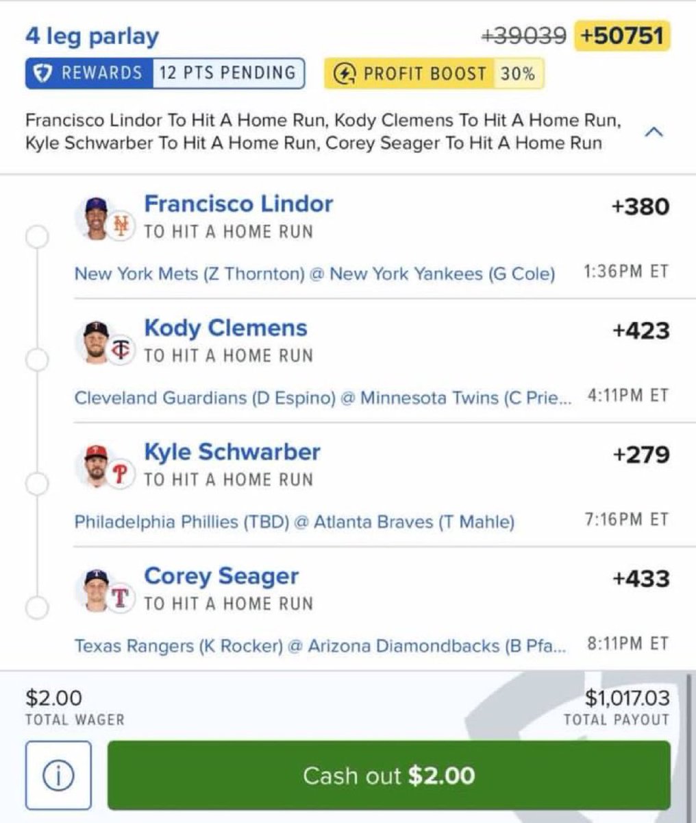 ZionhillSlugger's tweet photo. β‘ 30% PROFIT BOOST
π +39039 β +50751
π° $2.00 β $1,017.03 PAYOUT
$2 to $1Kβ¦ all four need to go yard! π€π₯
Get free picks π https://t.co/hpaakwO4L6
#MLB #MLBBets #HRParlay #HomeRun #FanDuel #SportsBetting #Parlay #MLBPicks #BettingX #LetsRide https://t.co/FvzHUg5SaF