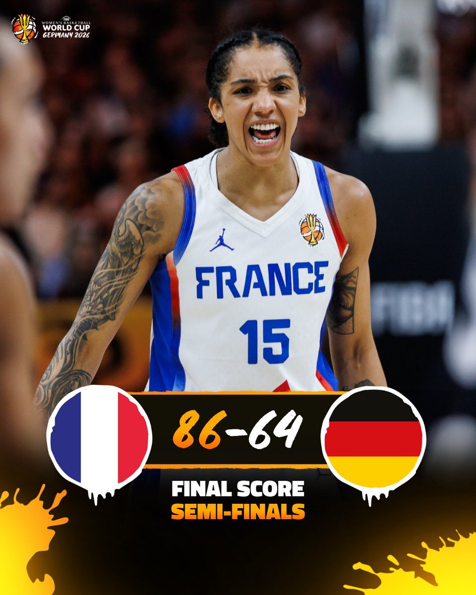 BskPulse's tweet photo. 🇫🇷 France 86–64 Germany
Gabby Williams dropped 22 points to send France to their first-ever World Cup final. Germany's historic run ends in the semis. 

#FIBA #FIBAWWC #Basketball #WomenInSports #WorldCup2026 #France #Germany #USABasketball #Spain #Berlin2026 https://t.co/l84uZnRmUs