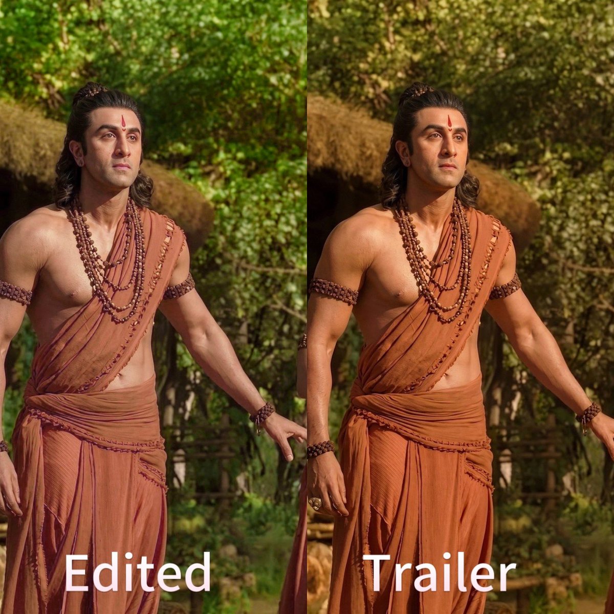 ATOMIX_90's tweet photo. What do you think ! 🤔 Which one is looking Good to you ? The left one which is corrected colour grading or the right one original of the trailer. 
#Ramayana should consider changing the color grading. Why the yellow pallet everytime. https://t.co/bHp8vFTnvy