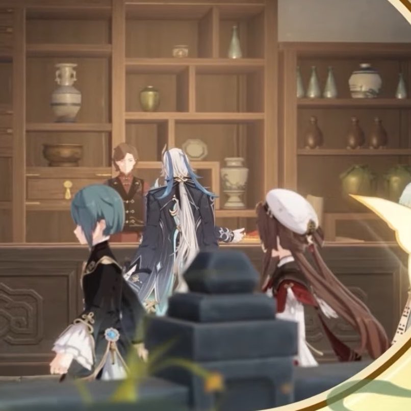 cakepoops2's tweet photo. Zhongli and Zibai sharing the memories and then here comes… NEUVILLETTE?? https://t.co/wpLrPOGtEI