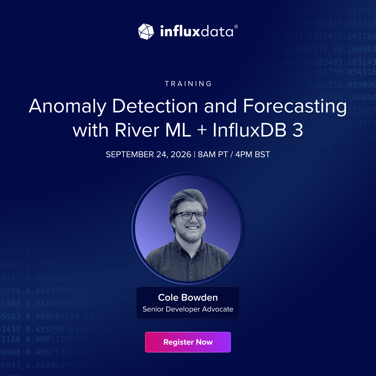 InfluxDB's tweet photo. Anomalies don’t wait for the next batch training cycle.

Learn how River ML + the #InfluxDB 3 Processing Engine can update models incrementally as new time series data arrives.

Join our hands-on training on Sept. 24: https://t.co/KtJAWU7n0B https://t.co/NGz2r0VTNp