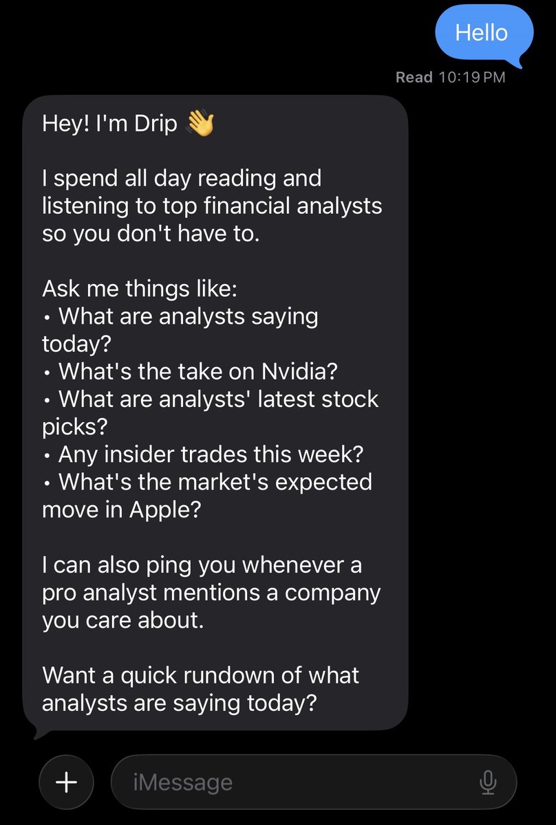 blauyourmind's tweet photo. You can text @trydrip as your investment assistant.

Text "hello" to +1 (256) 570-8911

Tell Drip which stocks you care about...and it will keep you posted :)

Drip reads top finance newsletters so you don’t have to: Matt Levine, Burry, SemiAnalysis, Lyn Alden, Citrini, etc.

It also tracks insider trades and explains how much the options market expects a stock to move.