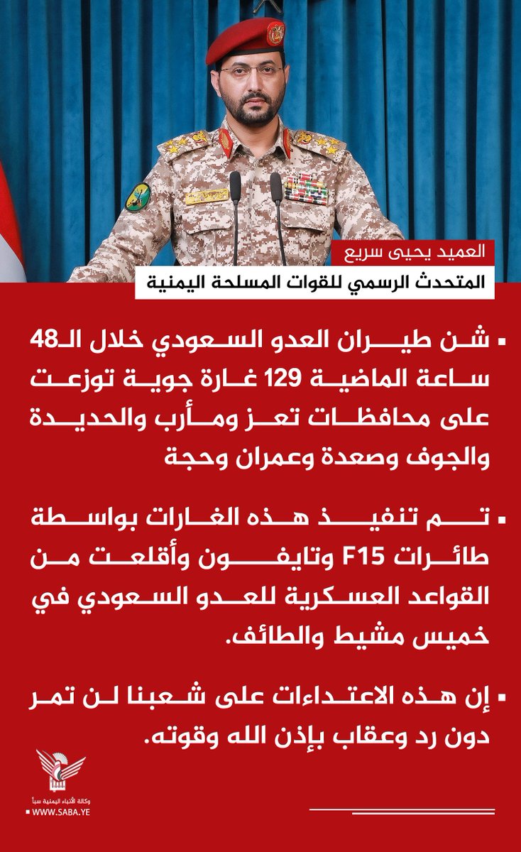 Nasr_Amer1's tweet photo. عاجل

المتحدث الرسمي للقوات المسلحة العميد يحيى سريع:

- شن طيران العدو السعودي خلال الـ48 ساعة الماضية 129 غارة جوية توزعت على محافظات تعز ومأرب والحديدة والجوف وصعدة وعمران وحجة.

- تم تنفيذ هذه الغارات بواسطة طائرات F15 وتايفون وأقلعت من القواعد العسكرية للعدو السعودي في خميس مشيط والطائف.

- إن هذه الاعتداءات على شعبنا لن تمر دون رد وعقاب بإذن الله وقوته.