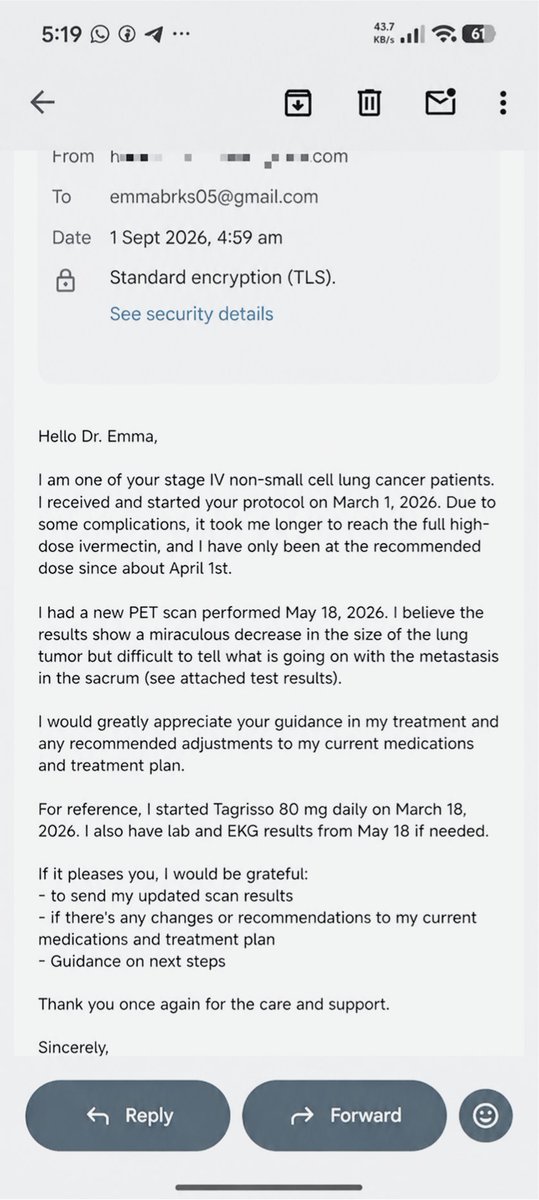 DrEmmaBrooks's tweet photo. Hurray! 🙏 One more encouraging result: a 64-year-old woman from Minnesota with Stage 4 NSCLC lung cancer reported a “miraculous” outcome after 3 months following my protocol with Ivermectin, Fenbendazole and CBD oil. Truly wonderful to see! https://t.co/x0eMjiym78