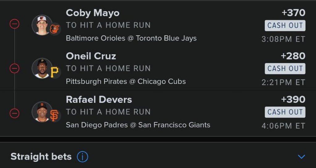 Denise_builder's tweet photo. π₯ 3-LEG MLB HR PARLAY π¨
π£ Coby Mayo β HR +370
π Oneil Cruz β HR +280
π₯ Rafael Devers β HR +390
Three bombs needed. π°π°π°
Cash-out buttons showingβ¦ ππ₯
#MLB #MLBBets #HRParlay #HomeRun #MLBPicks #SportsBetting #Parlay #BettingX #LetsRide https://t.co/G1UgfDzPTj