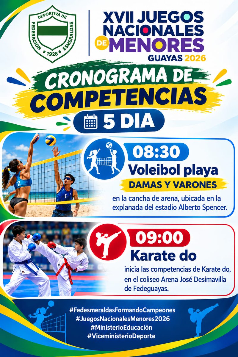 fedesme_2026's tweet photo. #Calendario // 5to día de competencias, aquí te dejamos el cronograma de la participación de nuestros deportidtas en los XVII juegos Nacionales de Menores Guayas 2026. Mucha Suerte chicos!!
#ElDeporteResurge #DeporteEc #FormandoCampeones https://t.co/84G9bVMGy5