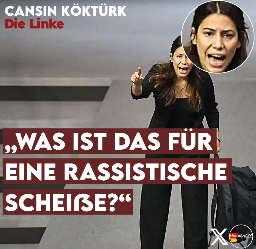 HeimatliebeDE's tweet photo. Cansın Köktürk, Die Linke und ehemalige Grüne-Politikerin eskaliert komplett im Bundestag. 

Spoiler: René Springer sprach nie von Ausländern. Er sprach von Personen. Dass Köktürk daraus auf Ausländer schließt, sagt mehr über sie aus als über Springer.

Der AfD-Abgeordnete René Springer sprach davon, Personen, die zum Beispiel per Haftbefehl gesucht werden, die Sozialleistungen zu streichen. Und beim Besuch im Jobcenter sollen die „Handschellen klicken“. Auch sprach René Springer davon, dass die Grundsicherung in erster Linie Deutschen sowie erwerbstätigen Ausländern zur Verfügung stehen solle, die unverschuldet arbeitslos geworden seien.

Daraufhin rastete Köktürk im Bundestag komplett aus und schrie herum. Unter anderem fielen Sätze wie: „Was ist das für eine rassistische Scheiße?“ Sie beruhigte sich auch nicht mehr und eskalierte weiter. 

Trotz mehrfacher Ermahnungen durch Bundestagsvizepräsidentin Andrea Lindholz eskaliert Köktürk weiter, beleidigt Springer und wirft Lindholz vor, „Faschisten zu schützen“.

Ganz ehrlich, so eine Person hat im Bundestag nichts verloren!