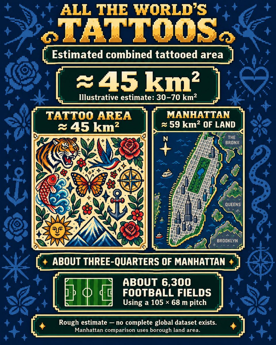 LulMail's tweet photo. 🌊 All Earth’s land is smaller in area than the Pacific Ocean.
🖋️ All the world’s tattoos could cover roughly ¾ of Manhattan—a rough illustrative estimate.

Two surprising ways to see scale. Which one surprised you more? https://t.co/Kd1YeIxU7r