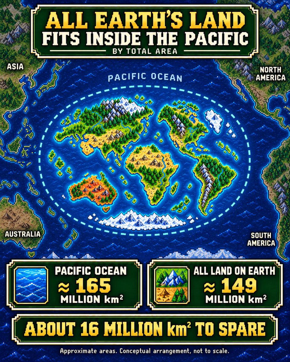 LulMail's tweet photo. 🌊 All Earth’s land is smaller in area than the Pacific Ocean.
🖋️ All the world’s tattoos could cover roughly ¾ of Manhattan—a rough illustrative estimate.

Two surprising ways to see scale. Which one surprised you more? https://t.co/Kd1YeIxU7r