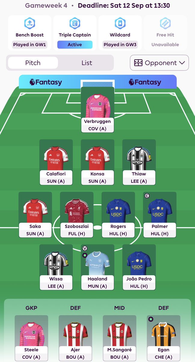 FPLMoose's tweet photo. GW4🔐 

🚨TRIPLE CAPTAIN ACTIVE🚨 

Transfers♻️ (1/2 FT used):
Cherki🇫🇷 👉 Rogers🏴󠁧󠁢󠁥󠁮󠁧󠁿 

👨‍✈️:
Cole “Pause” Palmer🥶

🗜️:
🤖🇳🇴 

🌍:
Irrelevant🤣

So so nervous about this. Praying it goes well🙏🏾❤️

Good luck all!🤞🏾🍀 
#FPL https://t.co/iDorWlvyGf