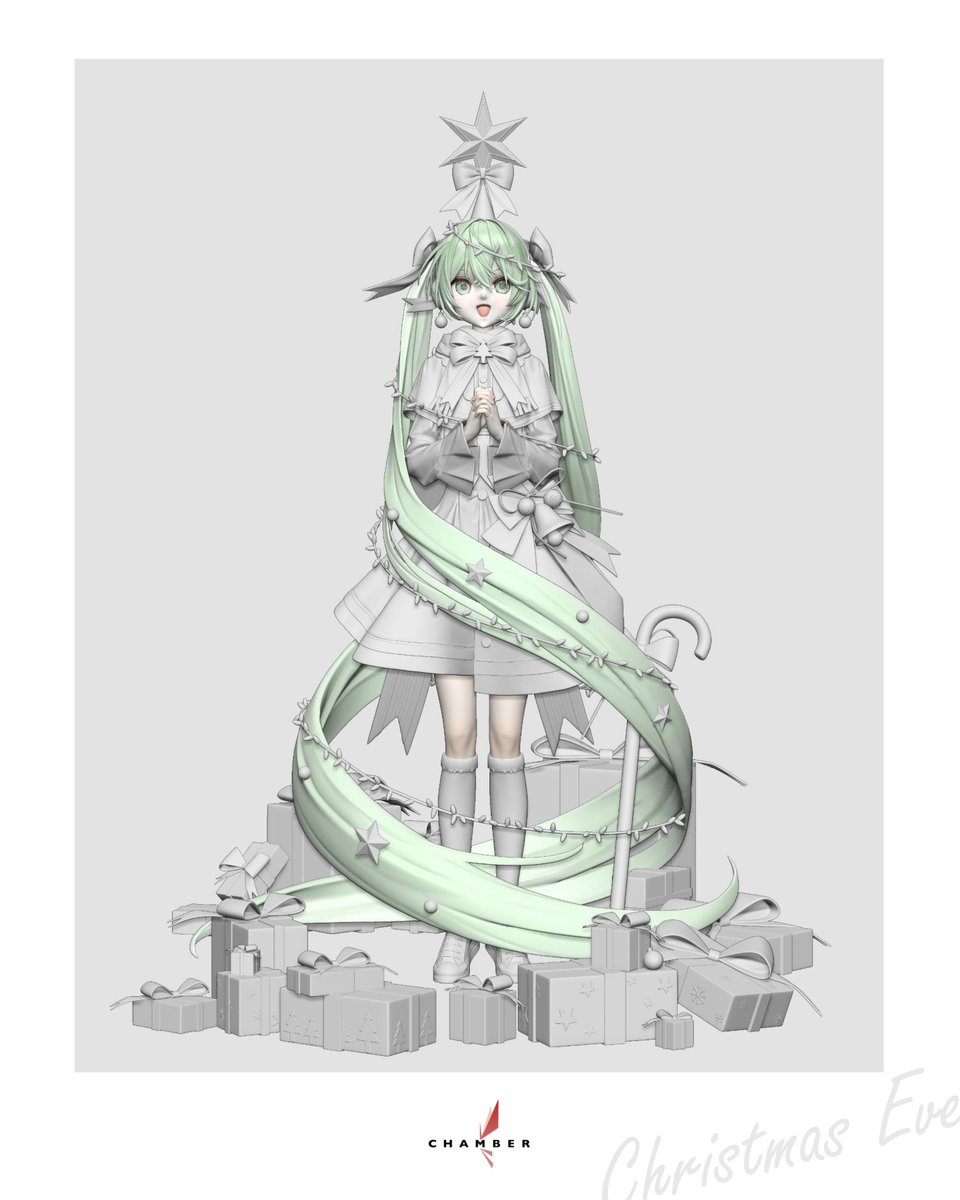 Chamberartscn's tweet photo. 初音ミク Christmas Eve ver.

Christmas Eveシリーズ第1弾、
初音ミクの3D原型を公開します。

イラスト：kieed（@kieed23232）

原型：木_萤穿（@208793634Ethan）

#初音ミク #ガレージキット #フィギュア