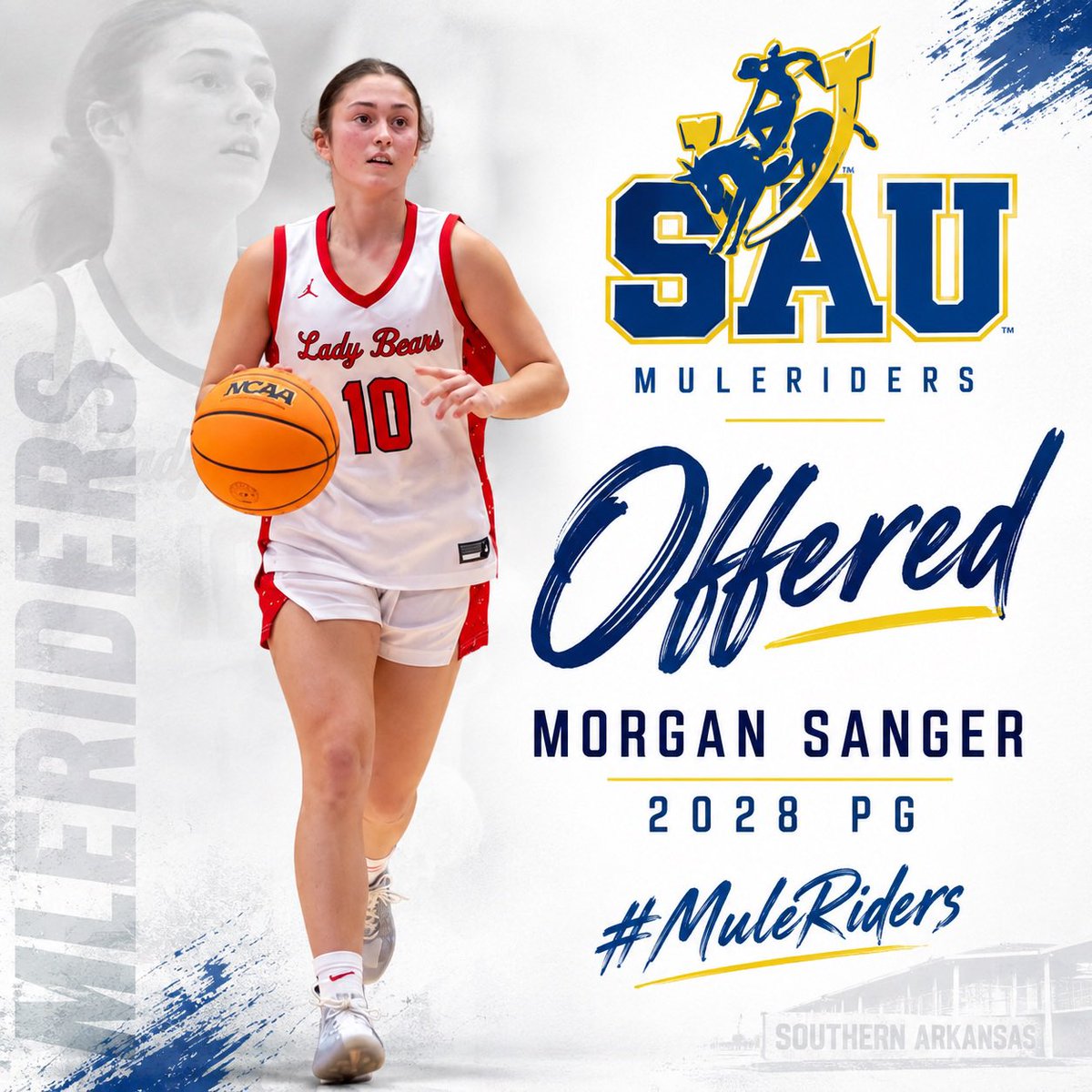 JumpMorgan1's tweet photo. After a great conversation with Coach @CoachDM15, I’m excited and grateful to say I’ve received an offer to Southern Arkansas University/ @SAU_WBB ! 💙💛

The goals and vision he has for the program are exactly what any player would want to be a part of. Thank you for believing in me and giving me this opportunity!

#MuleRiders #SAU #2028PG #Blessed