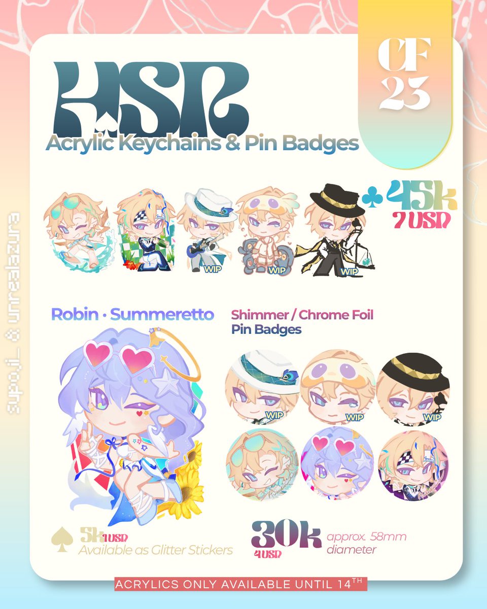 Supoji_'s tweet photo. [💙&amp;🔁are appreciated! ]  
Surreal Studio's #cf23 2nd batch of PO is open - Limited order for acrylics, get them fast‼️
✉️Pick up both days &amp; Mail order 
📅Duration ~ 17th September  
☁️MCYT, HSR, Deltarune, Uma Musume 
🔗Order Form Link &amp; GO INTL below https://t.co/jhPa278MRo
