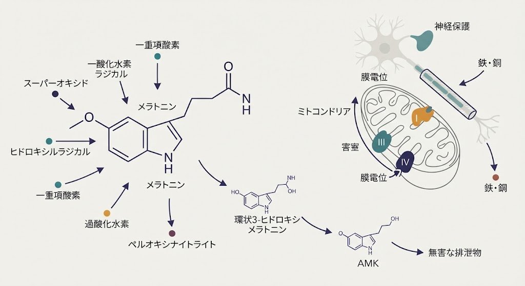 Alzhacker's tweet photo. メラトニンは1分子で10個の活性酸素を消す

ビタミンCやEは、1分子につき1つの活性酸素しか消せない。ところが、睡眠ホルモンとして知られるメラトニンは、1分子で最大10個もの活性酸素や活性窒素を無害化する。この効率の差は、 メラトニンが持つ電子豊富なインドール環と、水にも油にもなじむ性質によるものだ。

メラトニンは「自殺的抗酸化物質」と呼ばれる。活性酸素と反応すると、自らは安定した物質に変わって尿中に排泄されてしまう。ビタミンCやEのように元の形に戻って繰り返し使われるのではなく、自らが消費されて消えていく。この潔い働き方が、他の抗酸化物質にはない強みを生む。

さらに、メラトニンが活性酸素を消す過程で生まれる代謝物も、それぞれが抗酸化作用を持つ。例えば6-ヒドロキシメラトニンは、メラトニン本体よりもペルオキシルラジカルを消す力が強い。AFMKやAMKといった代謝物も、活性酸素や活性窒素を幅広く中和する。

これらが連鎖的に働く仕組みを「スカベンジャーカスケード」と呼ぶ。メラトニンが最初の活性酸素と反応して生まれた物質が、次の活性酸素を消去する。その物質がまた次の活性酸素と反応し、連鎖的に有害な分子を処理していく。1つのメラトニン分子が、何段階にもわたって抗酸化作用を発揮するのだ。

この力が特に重要になるのが、脳の神経細胞だ。脳は酸素を大量に消費するため、酸化ストレスに弱い。そして酸化ストレスは、アルツハイマー病、パーキンソン病、ハンチントン病といった神経変性疾患の根本原因の一つと考えられている。

神経変性疾患では、ミトコンドリアの機能不全が共通して見られる。ミトコンドリアは細胞のエネルギー生産を担う器官で、機能が落ちると活性酸素が過剰に発生する。メラトニンはこのミトコンドリアに直接取り込まれ、内部で抗酸化作用を発揮する。

メラトニンはミトコンドリア膜電位を安定させ、透過性遷移孔の開口を抑制する。これにより、細胞のエネルギー生産効率を保ちながら、アポトーシスと呼ばれるプログラムされた細胞死を防ぐ。神経細胞が不要に死ぬのを食い止めるわけだ。

アルツハイマー病では、メラトニンはアミロイド前駆体タンパク質の代謝を調節する。有害なアミロイドβペプチドの産生を減らし、神経を保護するタンパク質の産生を促す。タウタンパク質の過剰リン酸化も抑え、シナプス機能の維持を助ける。

睡眠の質を改善することで、認知機能の低下を緩やかにする可能性も指摘されている。メラトニンの分泌量が減ると睡眠が浅くなり、それが酸化ストレスを増やして神経細胞をさらに傷つけるという悪循環も考えられる。

パーキンソン病では、ドーパミン産生神経細胞を保護する。Nrf2という転写因子を活性化して抗酸化酵素の遺伝子発現を促し、鉄依存性の細胞死であるフェロトーシスを抑制する。ハンチントン病のモデルマウスでは、メラトニン投与により発症が遅れ、死亡率が低下した。

メラトニンは鉄や銅の毒性も軽減する。これらの金属はフェントン反応を通じて、最も毒性の強いヒドロキシルラジカルを発生させる。メラトニンは金属イオンを捕獲し、活性酸素の発生そのものを抑える。

ただし、現実的な問題がある。メラトニンは経口摂取しても吸収率が約2.5%（下限値）と極めて低く、半減期も30〜60分と短い。脳に届く量は限られてしまう。

この吸収率の低さが、メラトニン研究の最大の壁となっている。この問題を解決するため、脂質ナノ粒子や高分子ナノ粒子を使った送達技術の研究が進んでいる。

鼻腔内投与は、嗅神経や三叉神経を経由して血液脳関門を迂回し、直接脳へメラトニンを届ける経路として注目されている。脂質ベースのナノ粒子に封入することで、脳内での半減期が延び、生物学的利用能が大幅に向上することが実験で示されている。ヒト血清アルブミンを使ったナノ粒子は、損傷したミトコンドリアの除去を促進し、パーキンソン病の進行を遅らせる可能性も報告されている。

メラトニンの最も興味深い点は、その作用の多様性にある。直接的な活性酸素の消去だけでなく、抗酸化酵素の遺伝子発現を高め、ミトコンドリアの機能を守り、炎症シグナルを抑え、金属毒性を軽減する。これらがすべて、単一の分子から生じる。

メラトニンの血中濃度は、加齢とともに低下する。

この低下が神経変性疾患の発症リスクと関連している可能性が指摘されている。睡眠の質の低下が酸化ストレスを増やし、それがさらに神経細胞を傷つけるという悪循環も考えられる。

メラトニンは睡眠薬ではない。体内の抗酸化システムを支え、脳のエネルギー工場を守る、多機能な防御分子だ。その全貌が明らかになるにつれ、加齢に伴う脳の病気に対する新たなアプローチが見えてくる。

—

参考情報：研究論文 『Melatonin—A Powerful Antioxidant in Neurodegenerative Diseases』（メラトニン—神経変性疾患における強力な抗酸化物質）2025年。Renata Kołodziejska（研究者）ほか。
DOI: 10.3390/antiox14070819