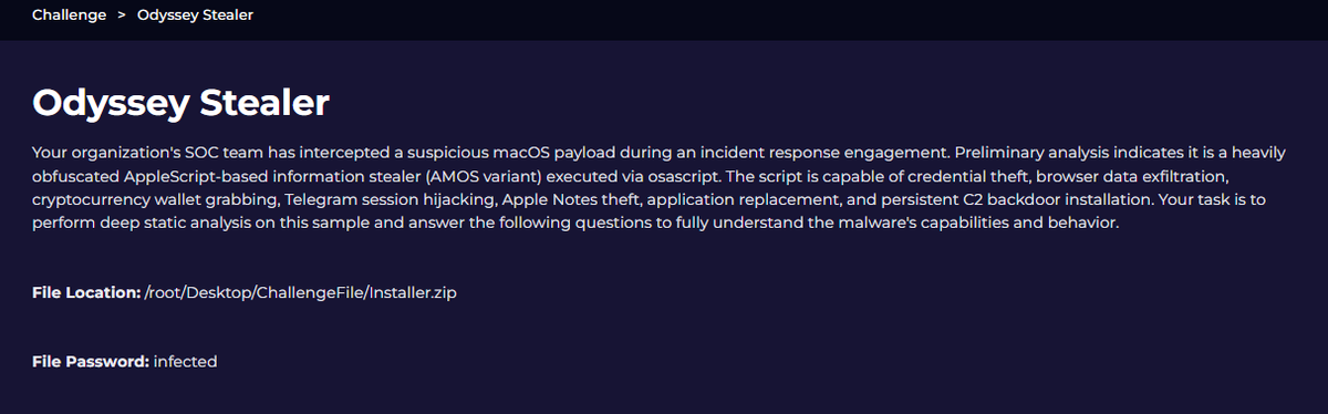 0xAshvin's tweet photo. Another malware analysis done.

This time: Odyssey Stealer — obfuscated AppleScript,
fake password prompt, LaunchDaemon persistence and a Base64 second stage.

The script was ugly. The analysis was worse. 😭

GitHub ↓

https://t.co/tTzHOZsczD https://t.co/kPKFhxsHUW