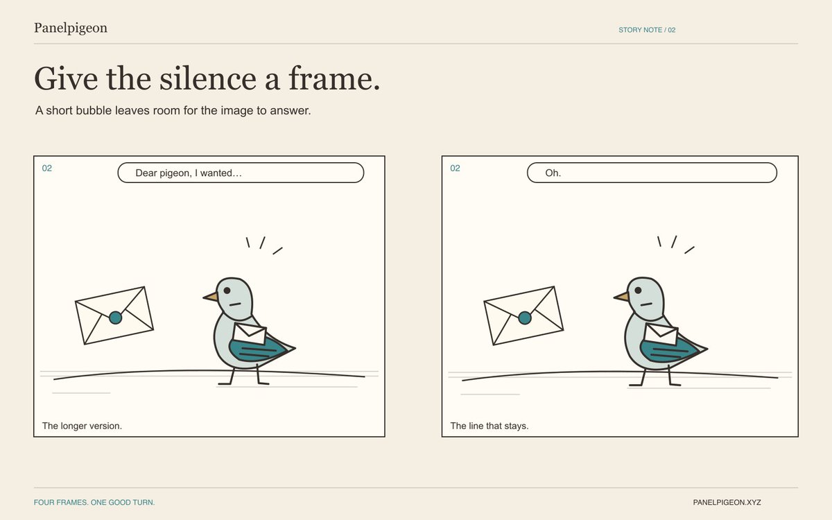 Panelpigeon's tweet photo. Put the blank letter before the dramatic pause: confusion. Put it after: a punchline. Panelpigeon lets you move the frames until the pigeon lands the joke. https://t.co/hwITYhqIAd