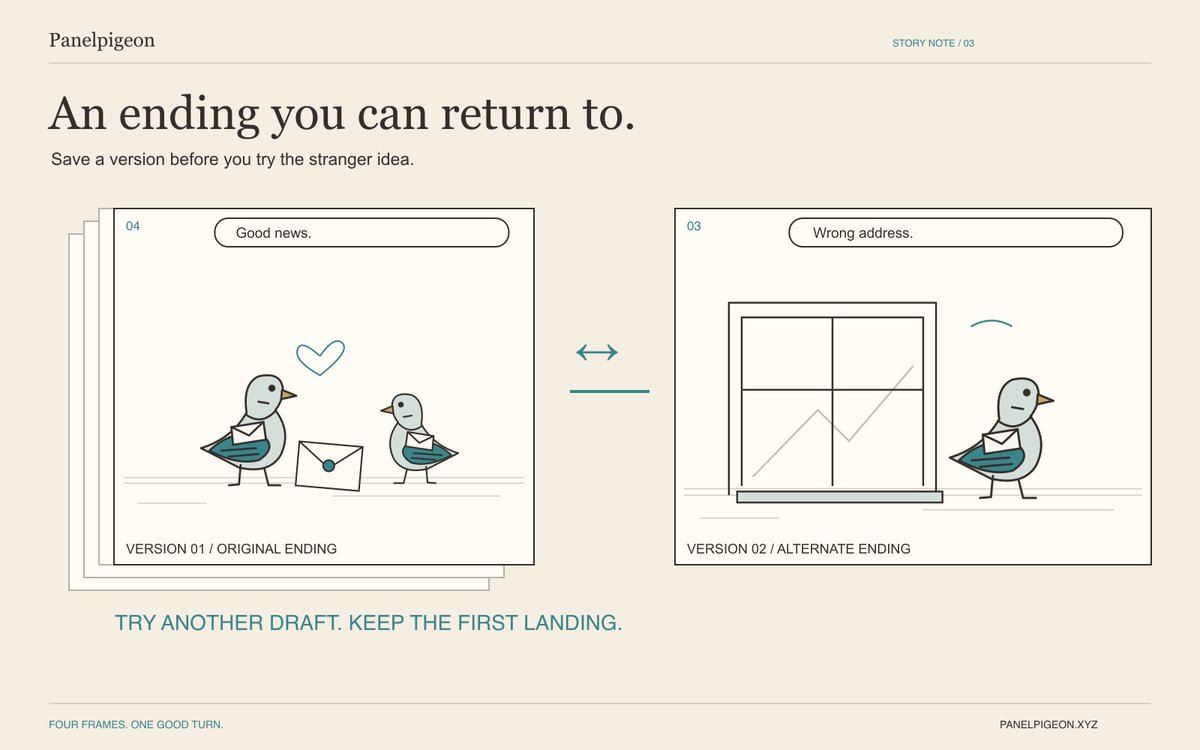 Panelpigeon's tweet photo. “Good news” was a perfectly good ending. “Wrong address” might be better. Save a story version in Panelpigeon before trying the odd idea. The first ending is still there to restore. https://t.co/WhFZkhHSyn